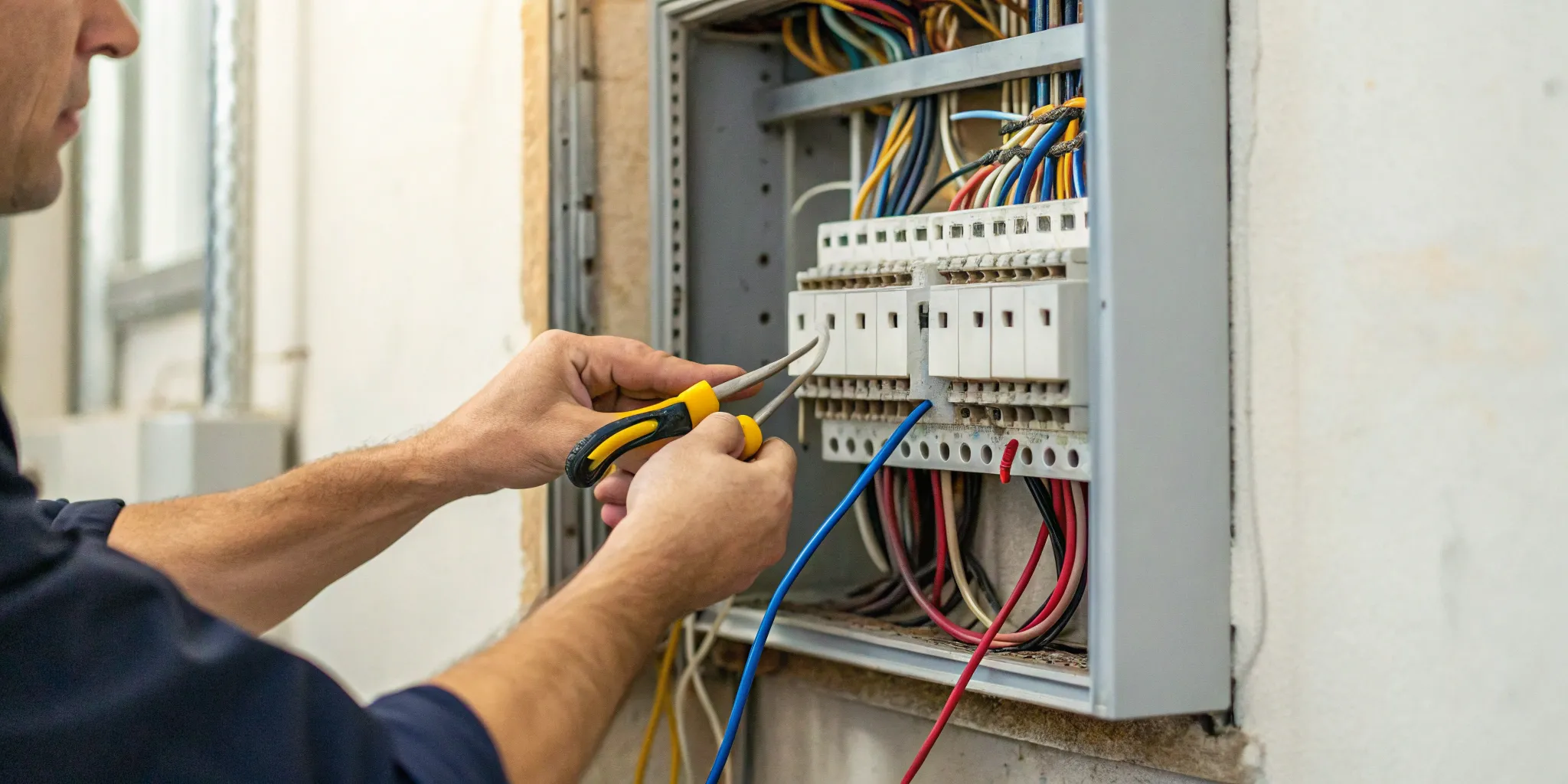 Electrician wiring a new electrical panel, a key factor in the total replacement cost.