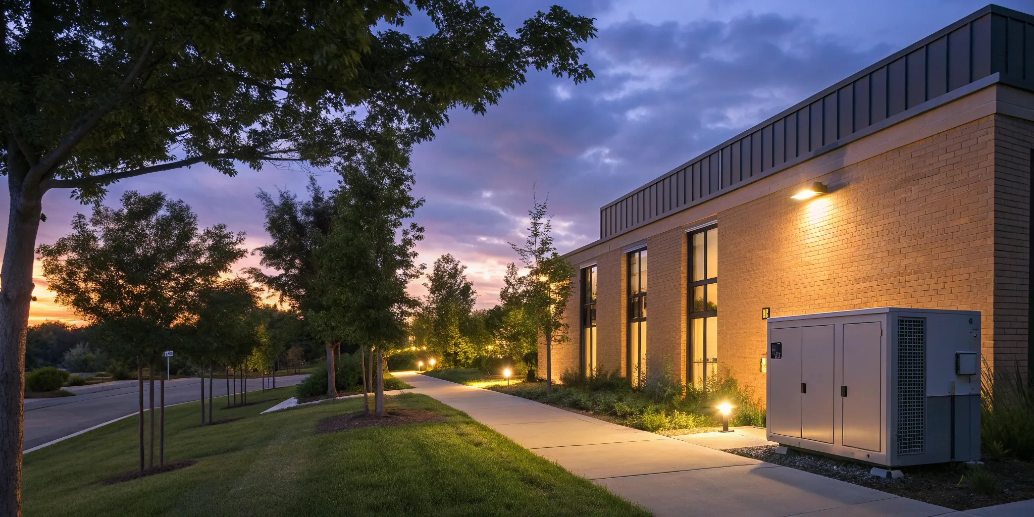 A commercial Generac generator installed outside a brick business building.