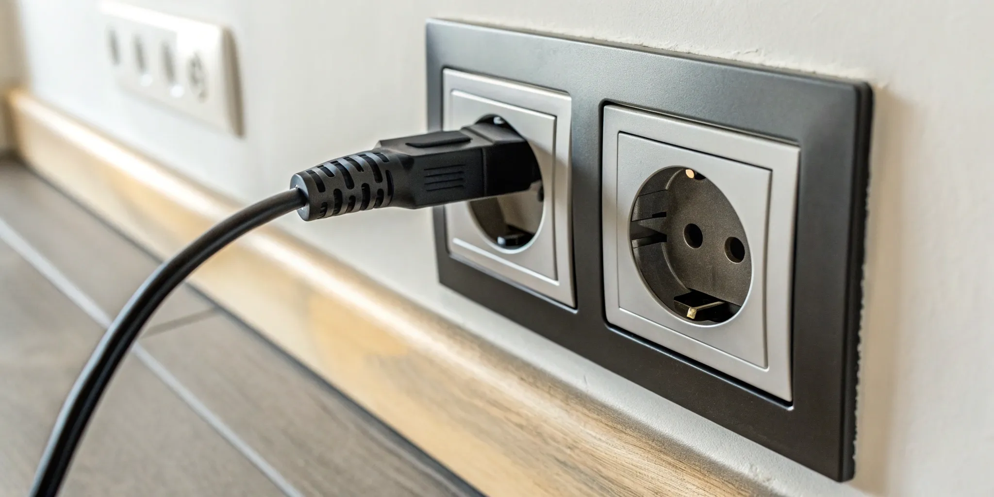 A standard 110 electrical outlet with a power cord plugged in.