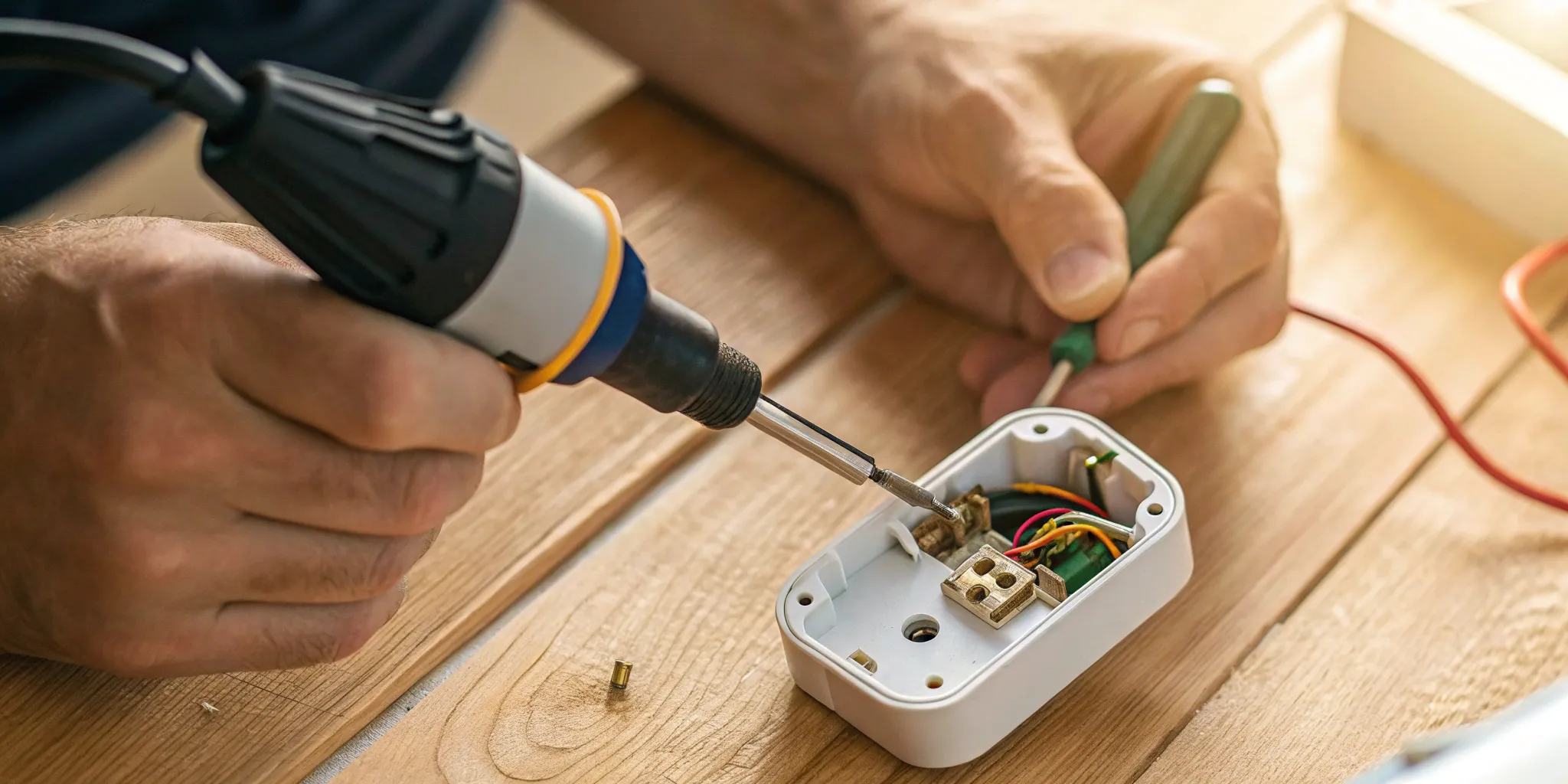 A person wiring a 110 electrical plug, connecting the color-coded wires.