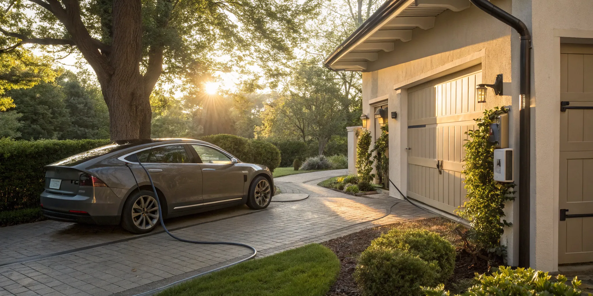 Home car charger installation with an electric car plugged into a residential garage.