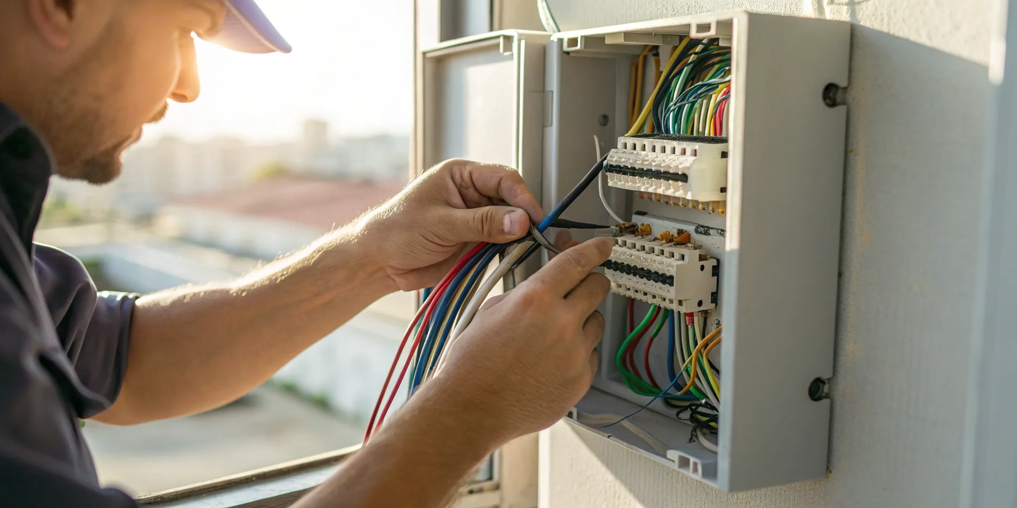 An electrician wiring a new electrical junction box during an installation.