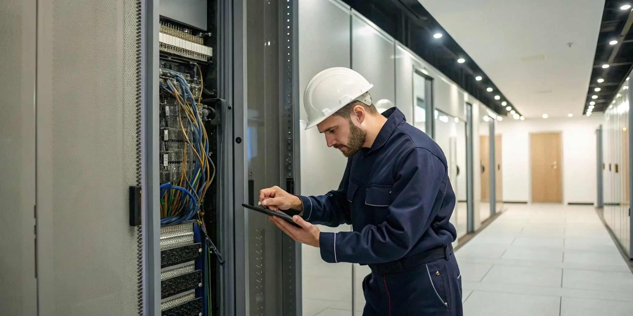 Professional electrician completing a commercial electrical repair on a server panel.