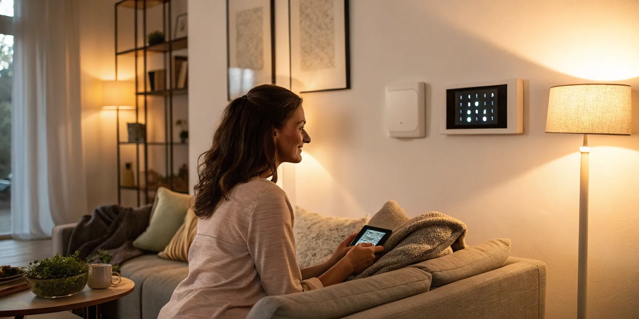 Woman checking her home's electrical system on a smart panel to prevent an electrical short.