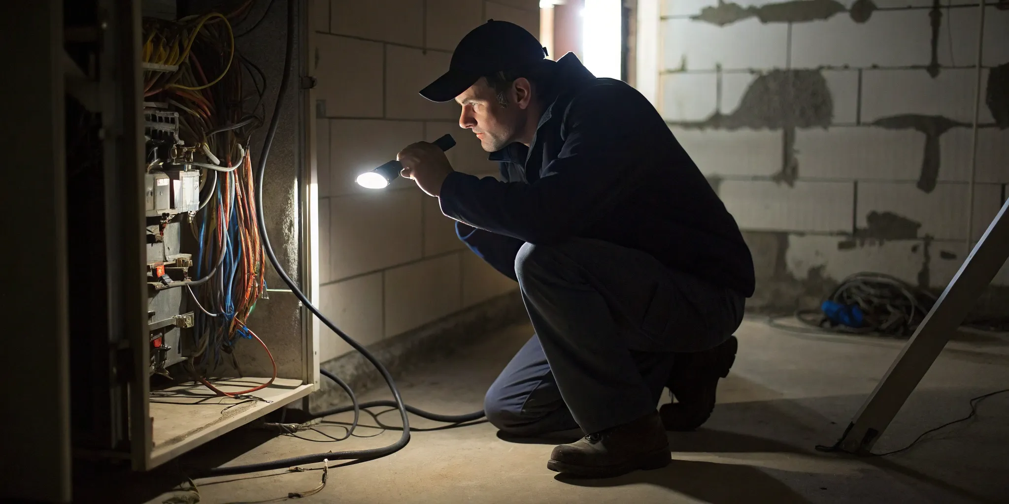 Electrician performing an emergency repair on an electrical panel with a flashlight.