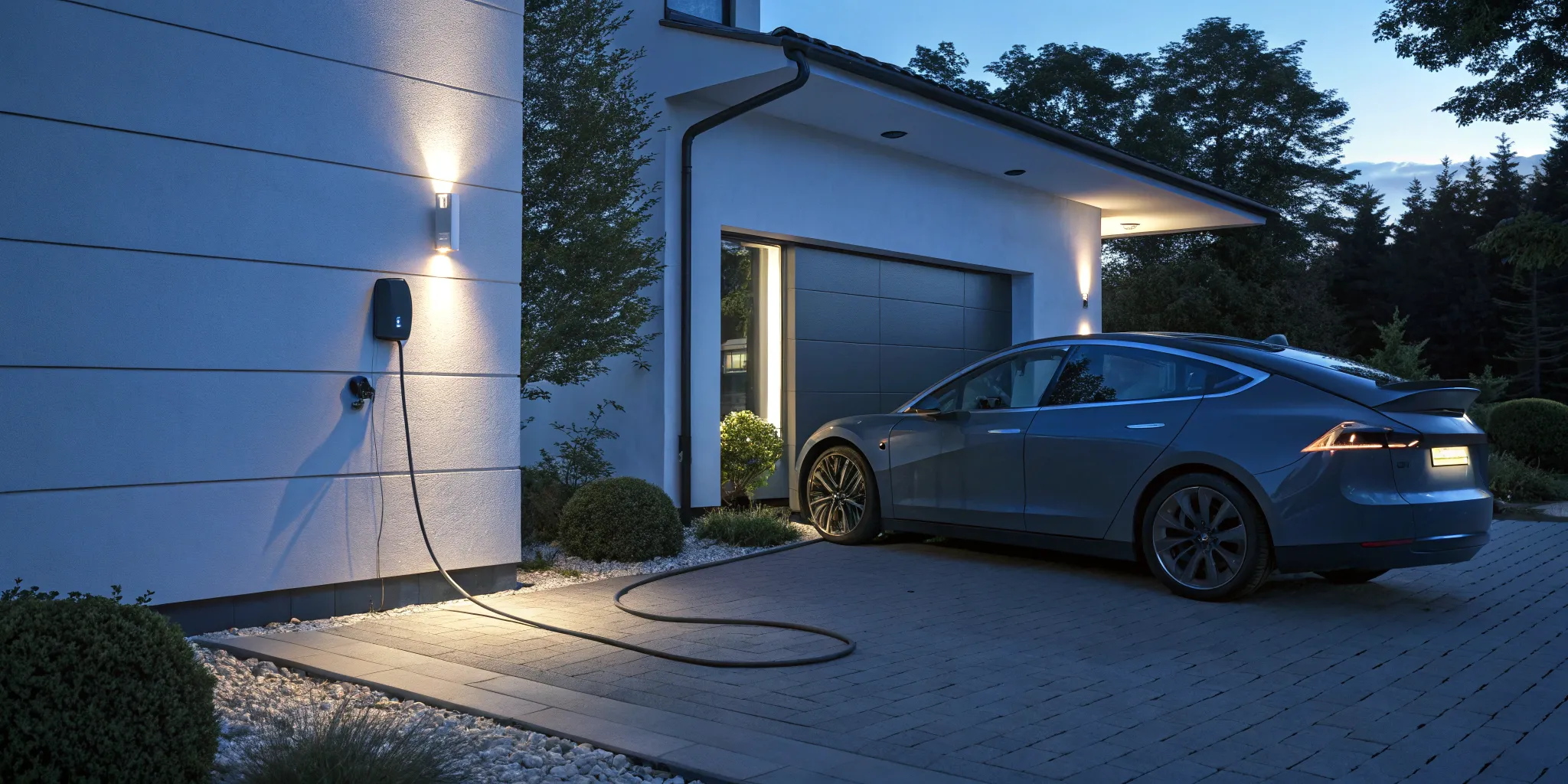 Home EV charger installation with an electric car charging in the driveway.