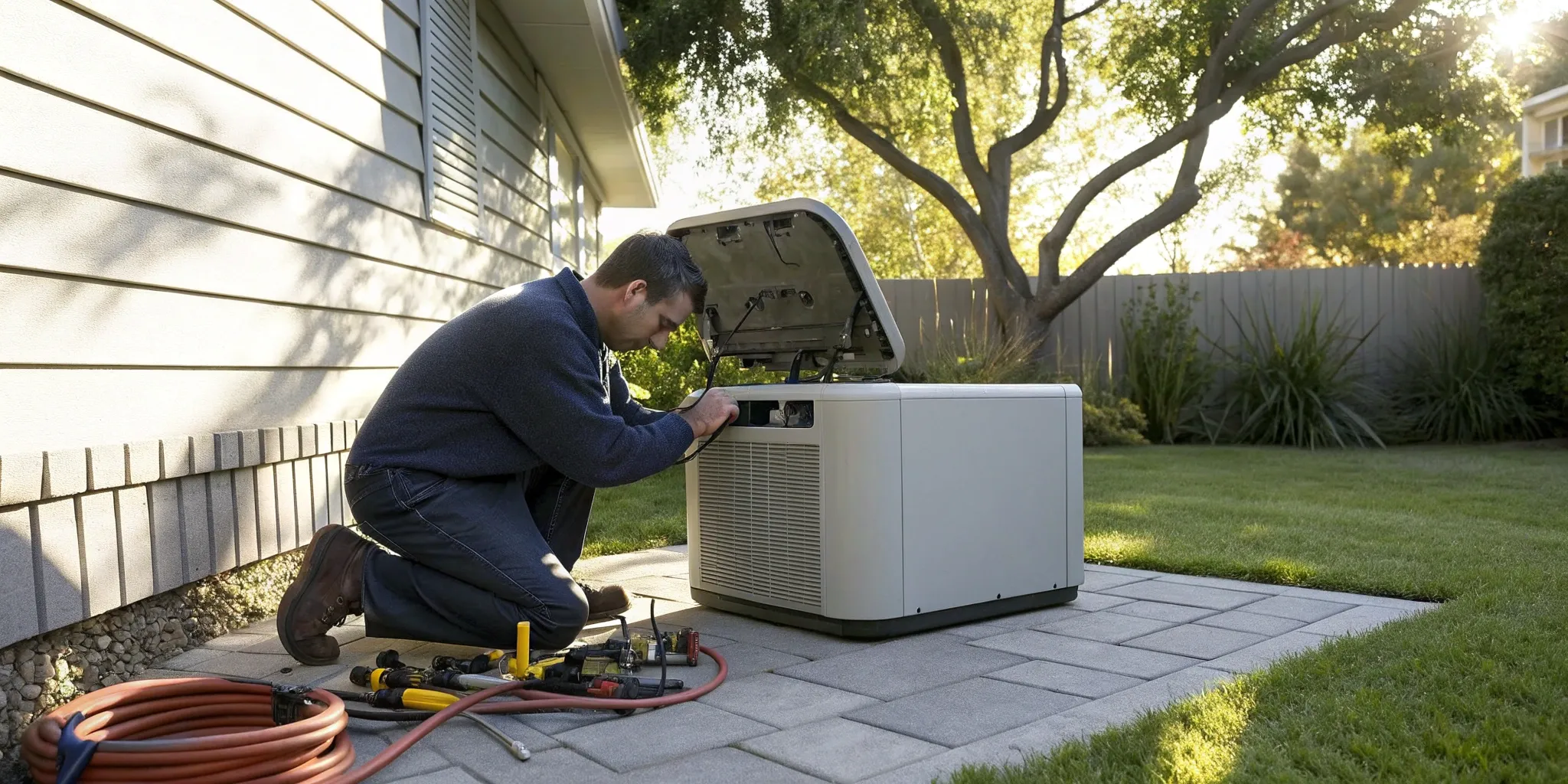 A Generac service technician performs maintenance on a home generator.
