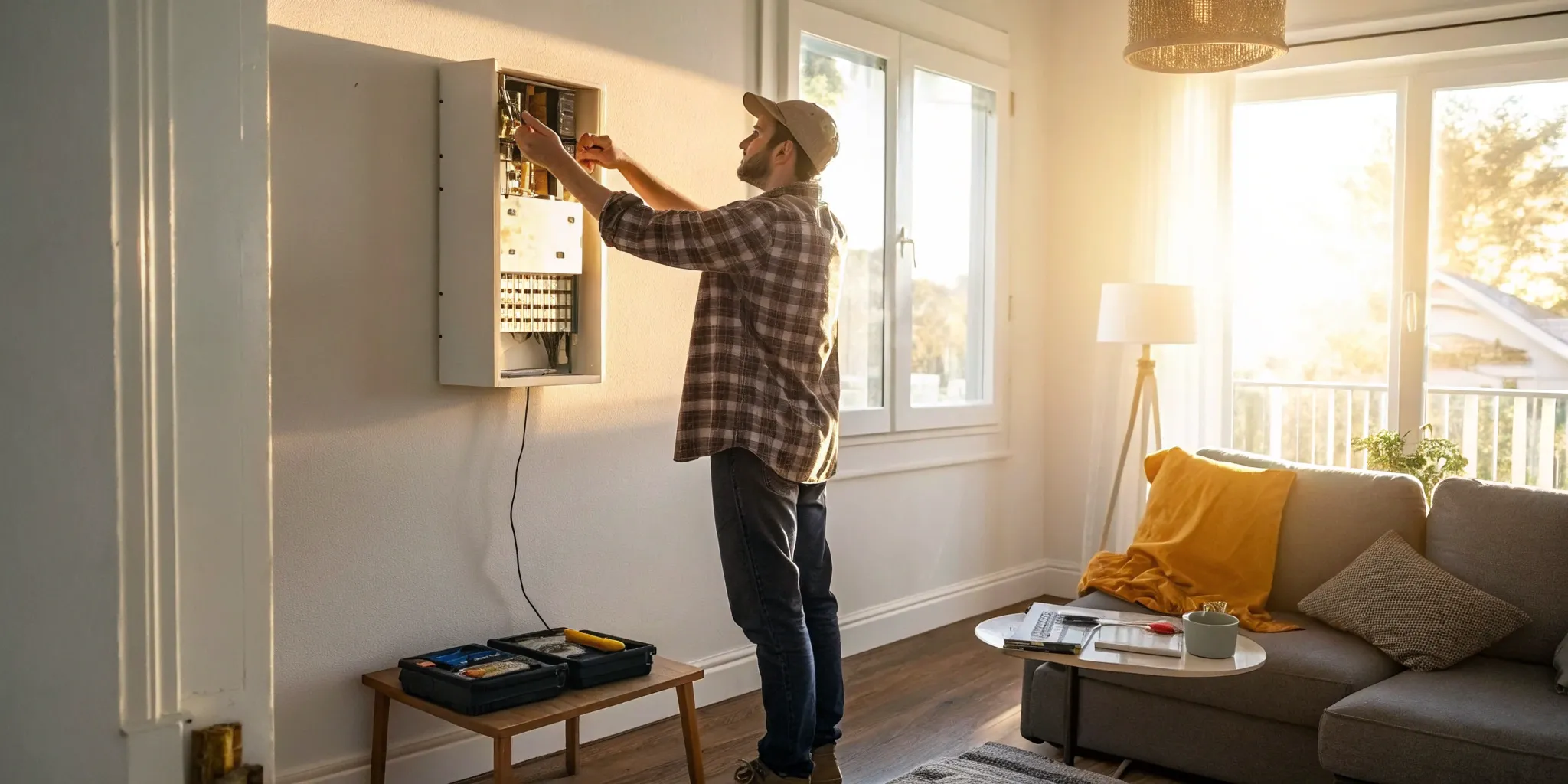 A homeowner inspects the electrical panel, ensuring a safe home electrical reticulation system.