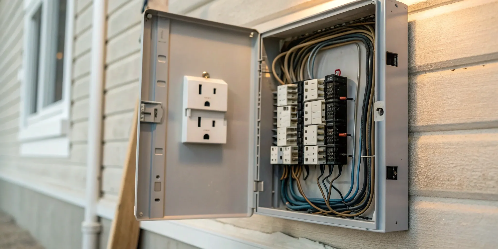 Home outlets connected by wiring to circuit breakers in an electrical panel box.
