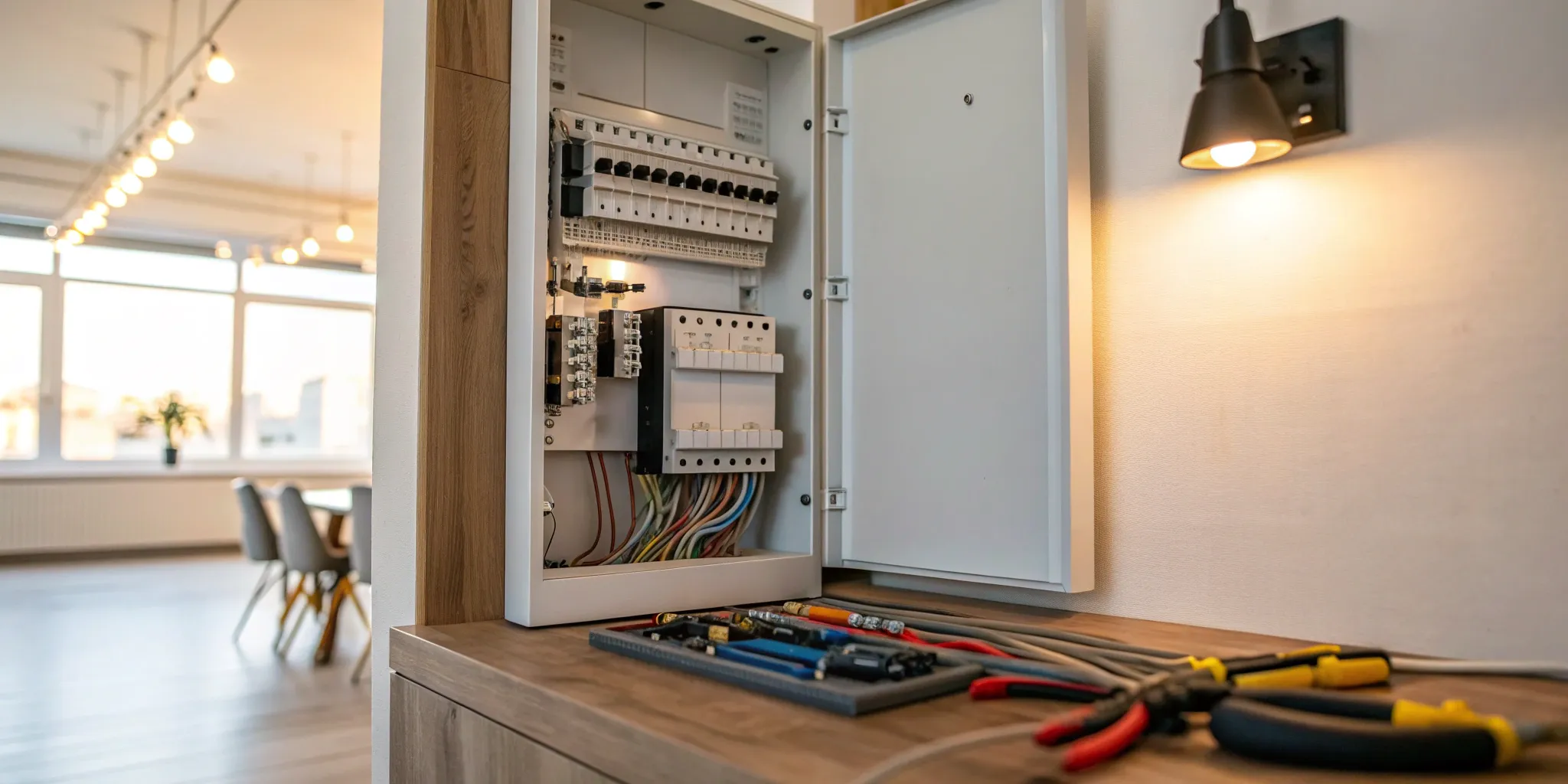 An open electrical panel with tools during an upgrade, a key factor in the final price.