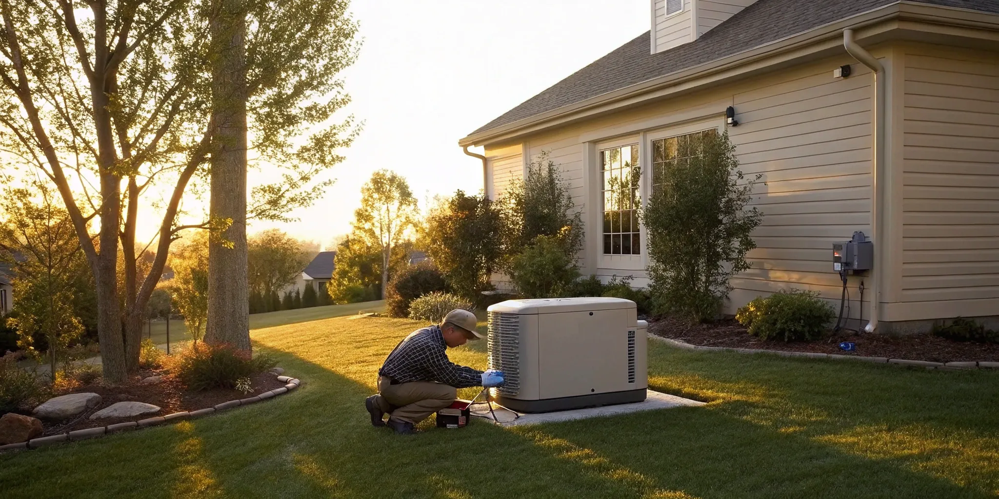 A technician performs routine generator maintenance as part of a service plan.