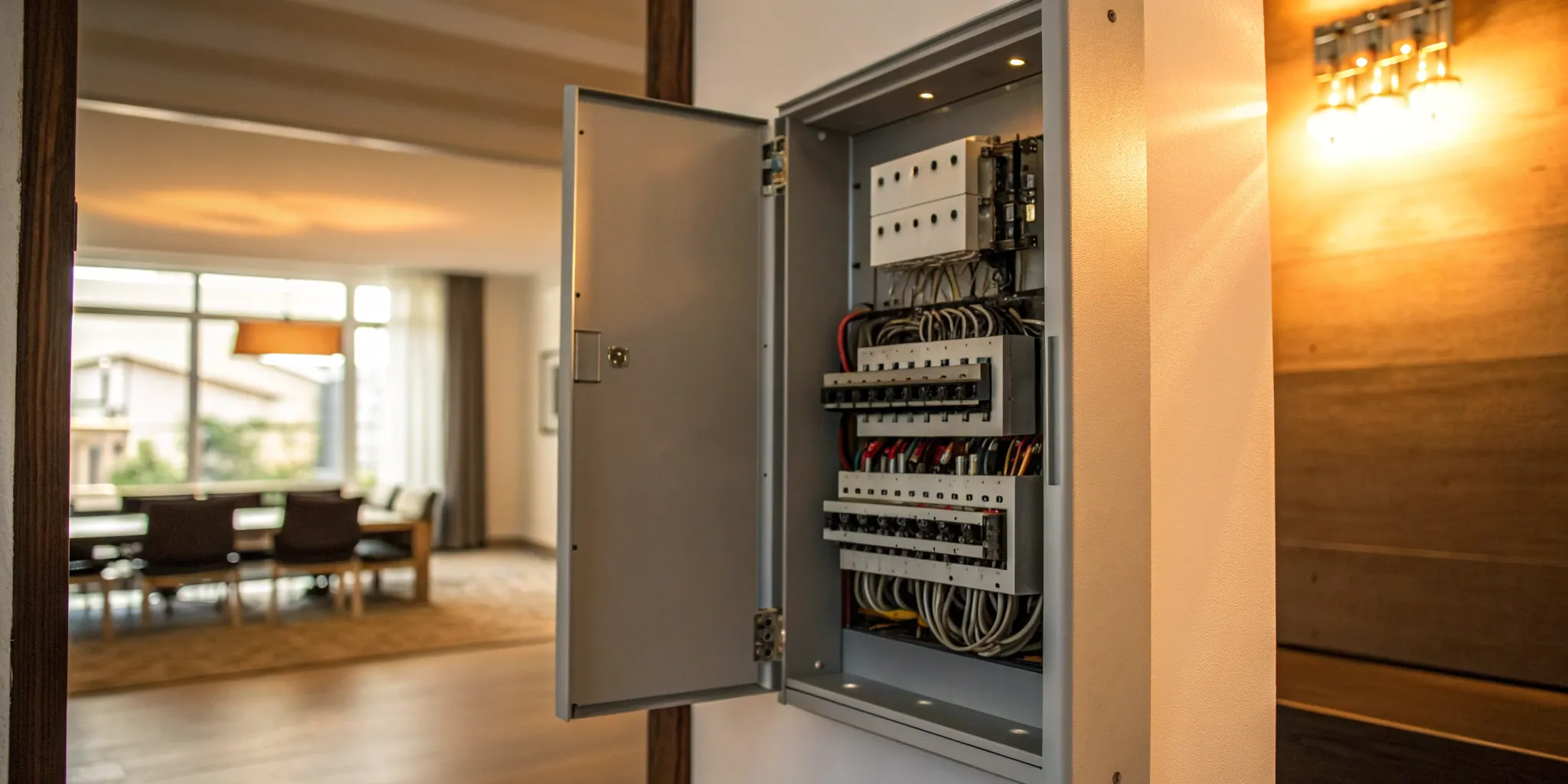 An open electrical panel with circuit breakers and wiring for a home electrical upgrade.