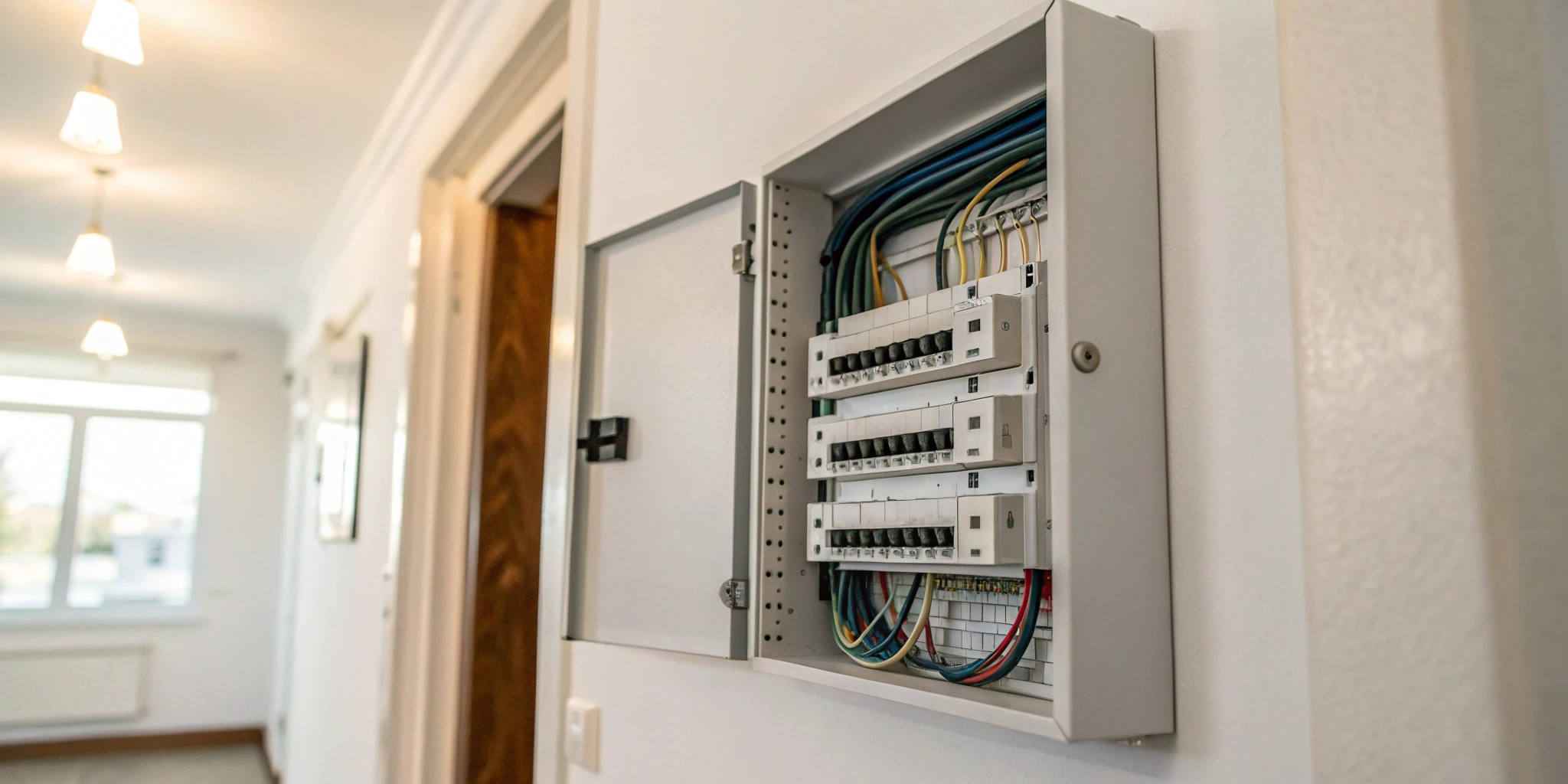 An open electrical panel being inspected to determine its age.