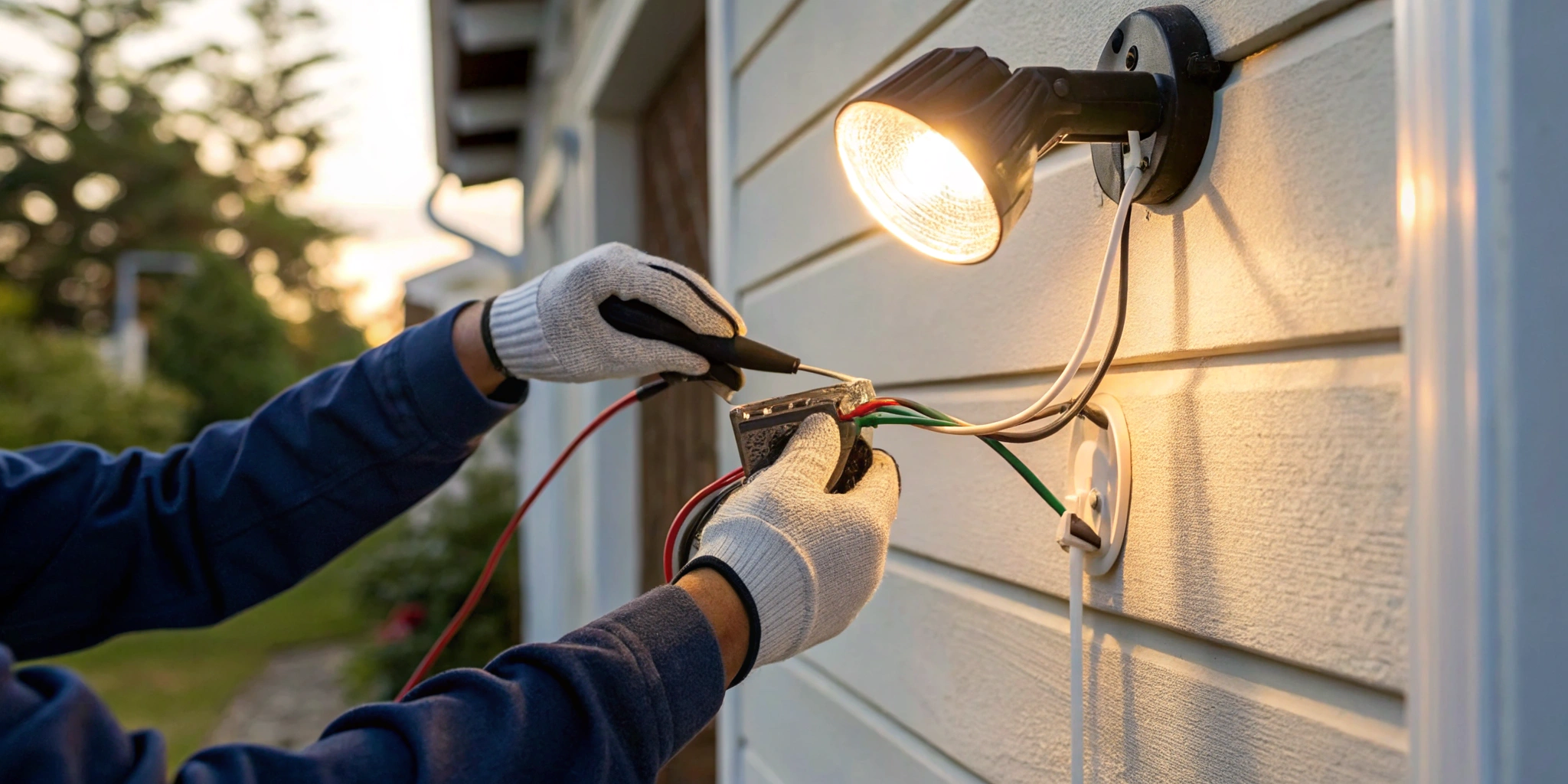 A person correctly wiring a motion sensor to an outdoor light fixture.