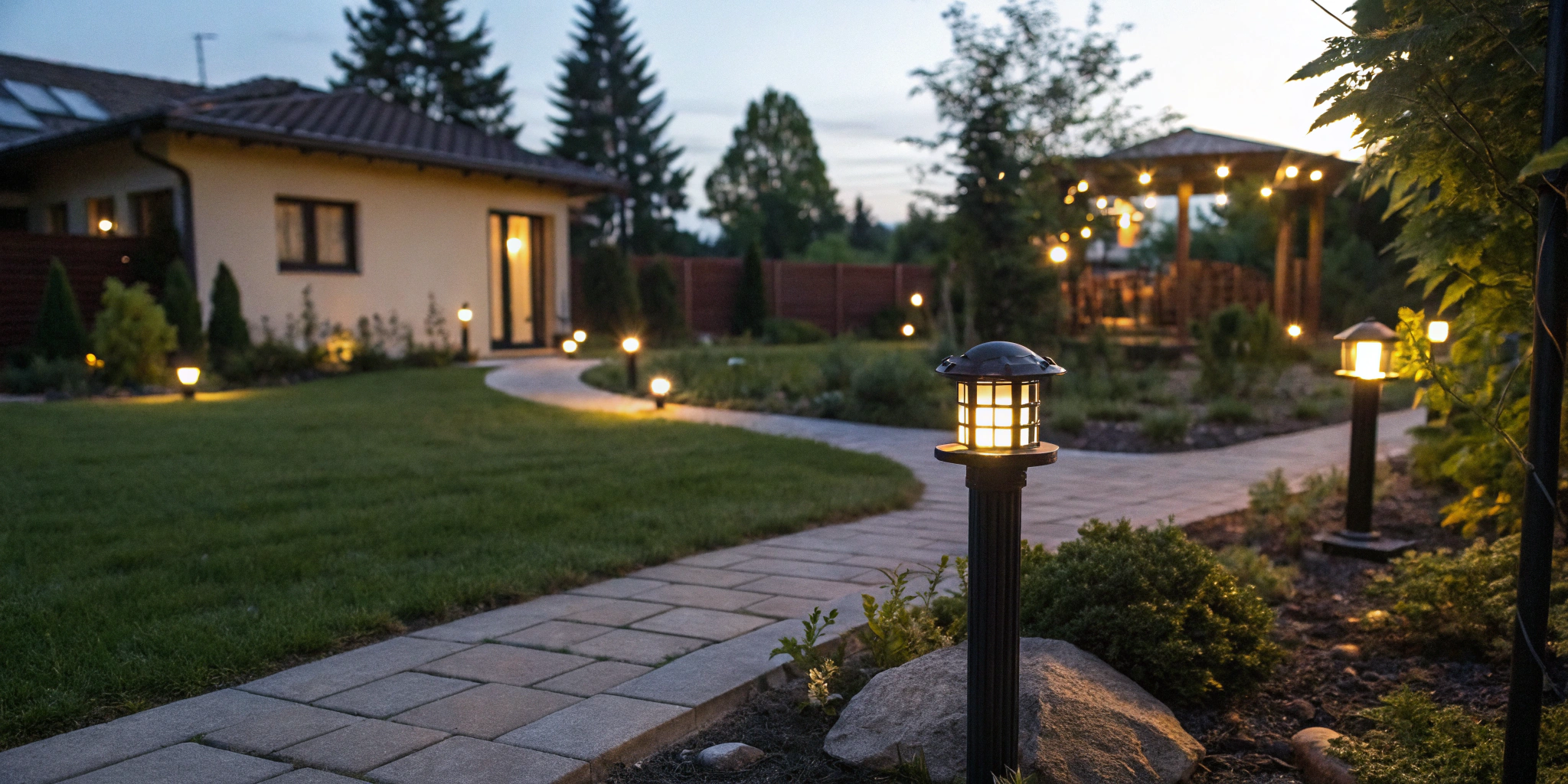 A motion sensor wired to control multiple outdoor lights on a home.