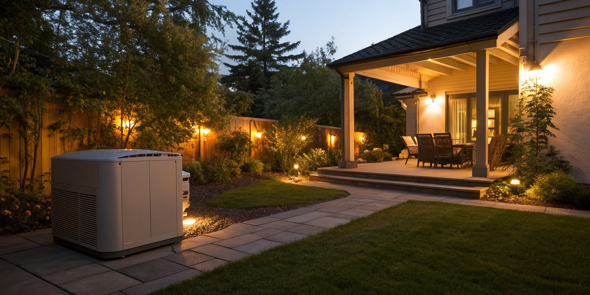 A complete troubleshooting guide for a home backup generator on a patio.