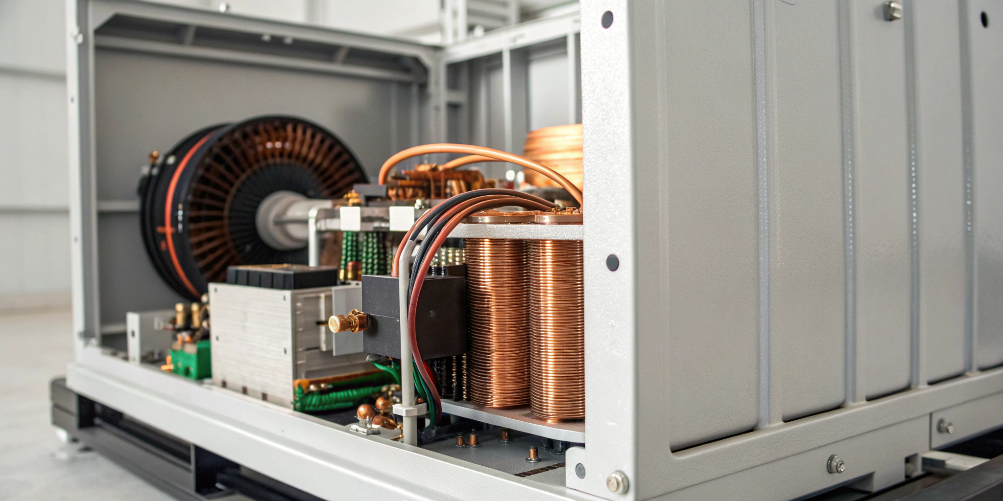 The main electrical components inside a generator, showing the complex circuitry and wiring.