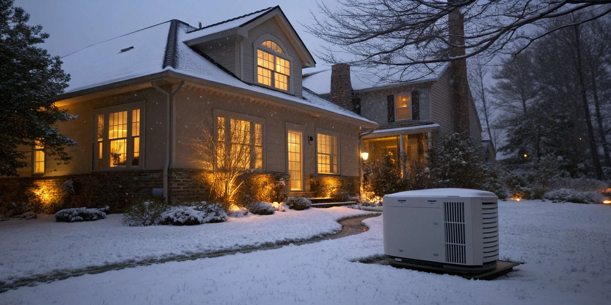 A home enjoying the benefits of automatic backup power during a winter snowstorm.