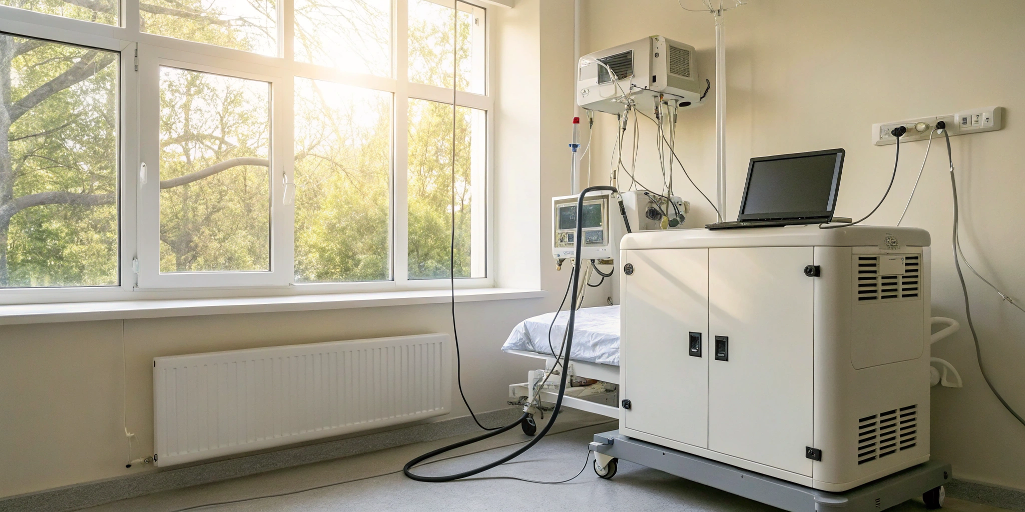 Backup generator for medical equipment in a hospital room with patient monitors.