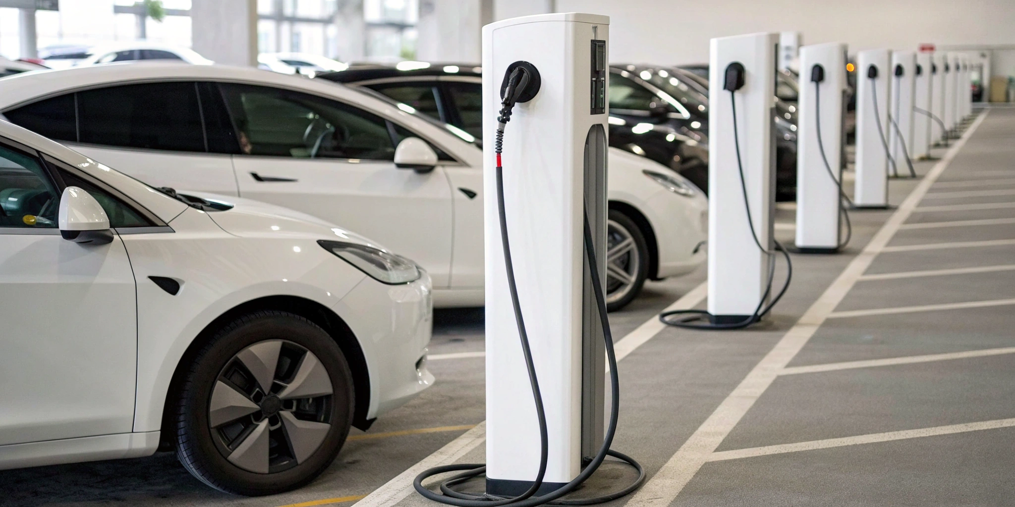 Electric vehicles at a charging station installed by a professional EV charger installer in Chester County.