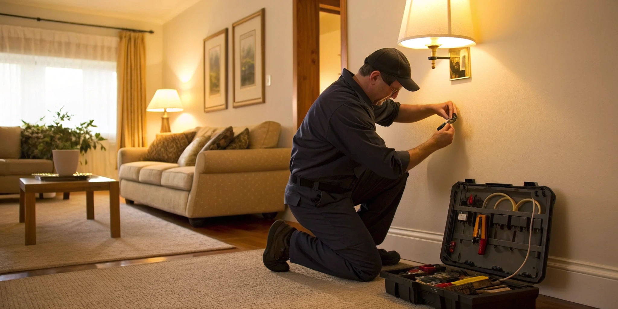 Electrician performing an affordable electrical repair in a home.