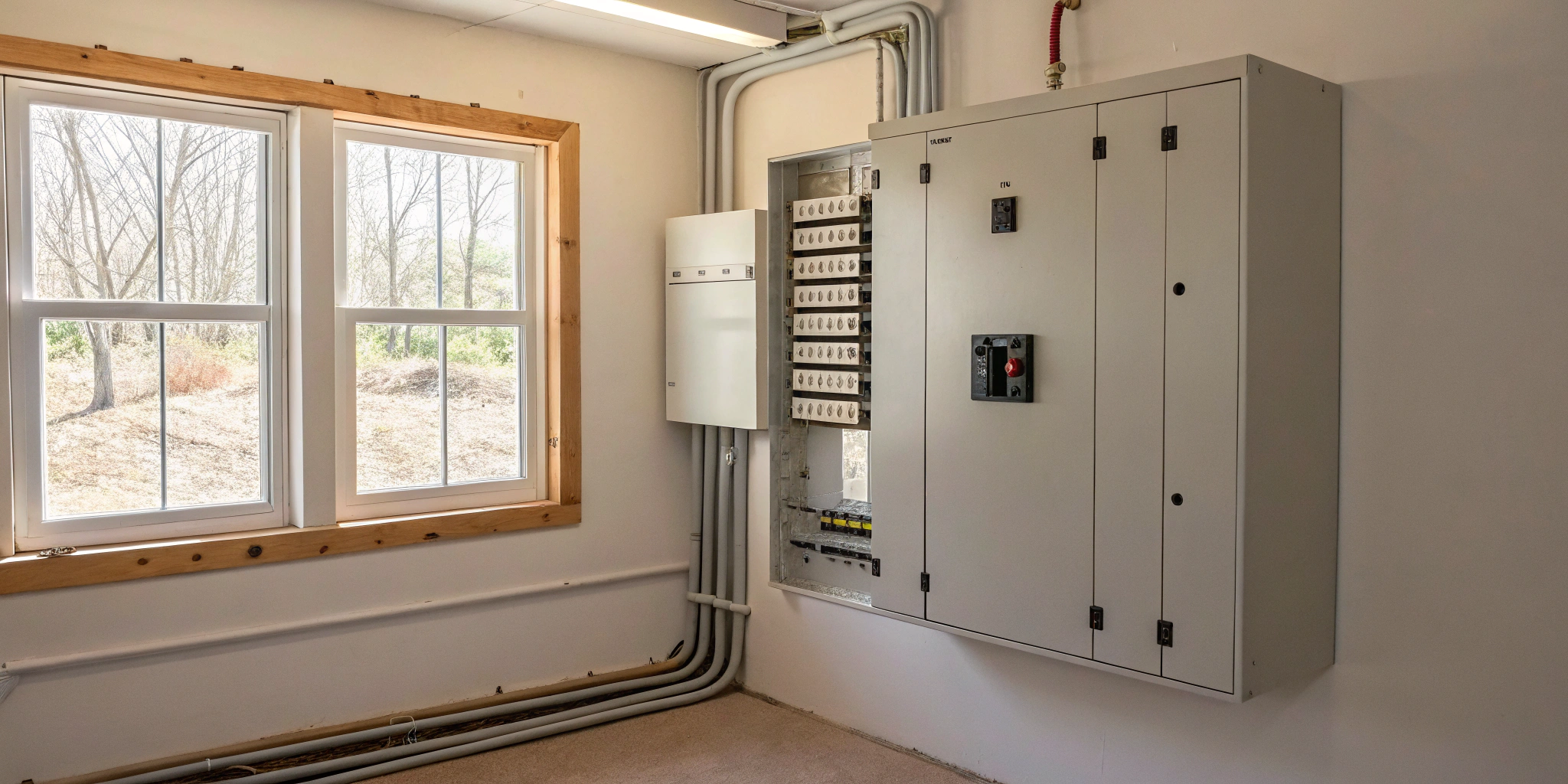 An electrical panel with the required working space clearance for safety and code compliance.