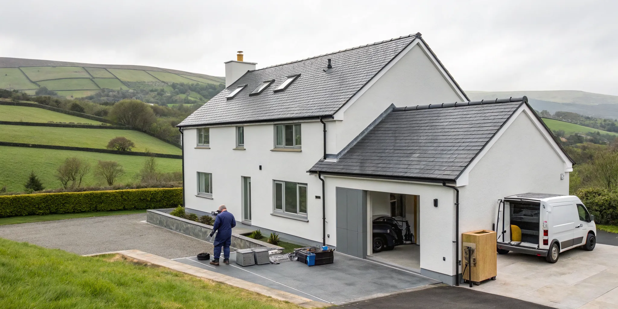 A technician provides residential generator service to a home in North Wales.