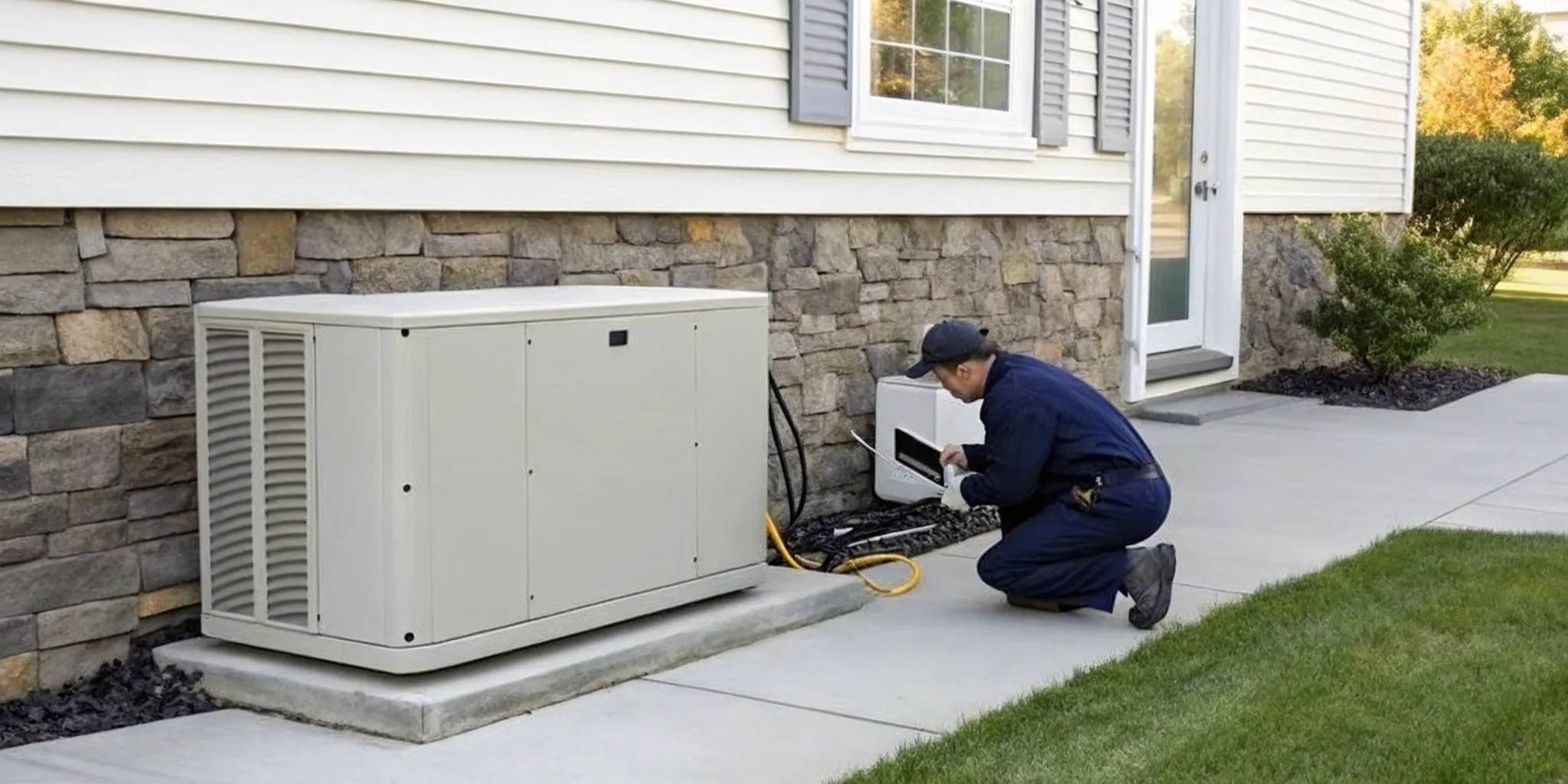 Technician performing generator service on a home standby unit in Schwenksville.